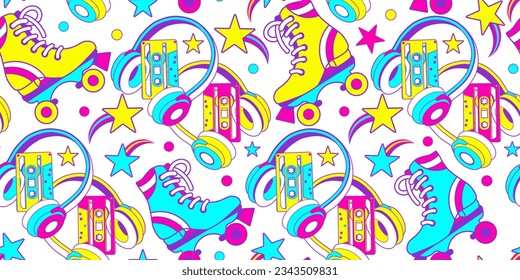 Groovy music and sport aesthetic Seamless wallpaper with retro roller skates and audio cassette. Crazy fun fluorescent tile background for funky textile, wrapping paper. 60s - 90s, teen style vibe