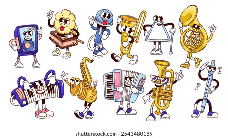 Conjunto de personagens de desenhos animados de instrumentos musicais Groovy. Engraçado chifre e trombone francês de latão retro, saxofone, trompete. Mascotes de música, adesivos de instrumentos de desenhos animados da ilustração vetorial estilo dos anos 70 e 80