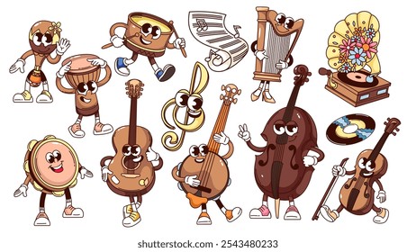 Conjunto de personagens de desenhos animados de instrumentos musicais Groovy. Engraçado violão retrô e banjo, contrabaixo, harpa, pandeiro. Mascotes de música, adesivos de instrumentos acústicos de desenhos animados de ilustração vetorial estilo dos anos 70 e 80