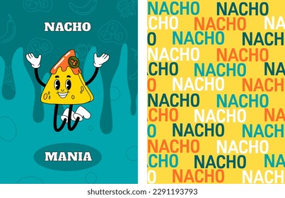 Groovy nacho character. Mexican food. Trippy illustration in 70s style. Traditional snack. Vintage seamless pattern for cafe, foodtrack or restaurant