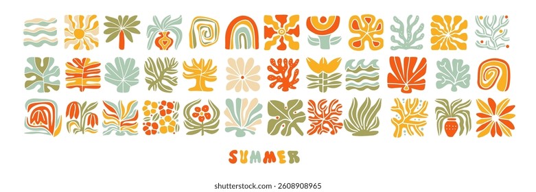Groovy naive abstract summer art set. Organic floral, sea, beach doodle shapes in trendy minimal retro hippie 60s 70s style. Botanic hand dtawb vector illustration