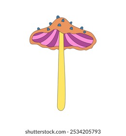 Groovy naive hippie mushroom, psychedelic toadstools with radial stripes vector illustration