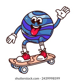 Groovy Neptune planet cartoon character with skateboard. Funny retro crazy blue globe with tongue sticking out, astronomy mascot, cartoon skater planet sticker of 70s 80s style vector illustration