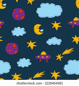 Groovy night sky seamless pattern. Funny psychedelic ufo pattern in hand drawn cartoon 70s style with sleeping crescent, stars, clouds. Childish sci-fi repeat vector illustration