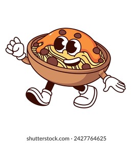 Groovy noodle bowl cartoon character with fist up. Funny retro yakisoba noodle with sauce walking, comic Japanese food mascot, cartoon happy emoji and sticker of 70s 80s style vector illustration