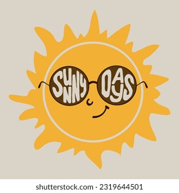 Groovy nostalgic typogtaphy composition with sun. Vector isolated illustration. Sun as charactar with sunglases and text Sunny Days. Ideal for posters, t shirt print, social media graphics, wall art