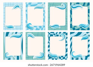 Groovy notebook sheets with water waves set including stickers and frames. Ideal for summer design and sea, ocean, beach, waves inspired school projects, creative art, abstract flow and style.