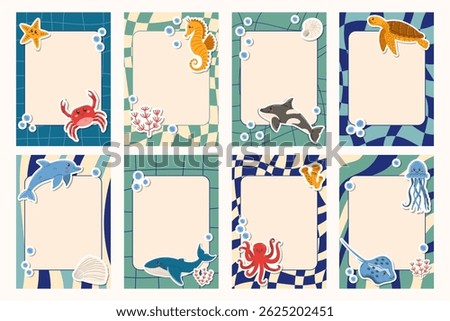 Groovy Notes Set in sea colors with frames and cute cartoon Sea Animal Stickers. Playful, ocean-themed layout with retro patterns and a calm, colorful underwater vibe.