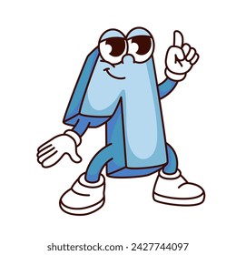 Groovy number 1 cartoon character showing one finger up. Funny retro blue number with hands and legs pointing, digit mascot, cartoon school comic math sticker of 70s 80s style vector illustration