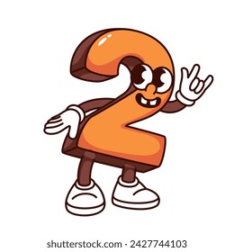 Groovy number 2 cartoon character with two fingers of rock gesture. Funny retro orange number rocker, digit mascot with funky smile, cartoon comic math sticker of 70s 80s style vector illustration