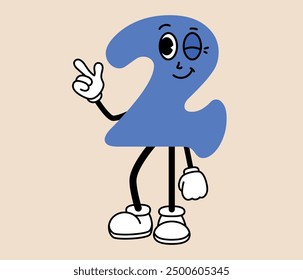 Groovy number 2 cartoon character. Funny retro number two mascot with face emotion, hands and legs. Fun mathematic sticker. Comic element in trendy retro cartoon style. Vector illustration