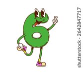 Groovy number 6, cartoon funny math character with happy smile, vector emoji. Groovy number 6 or Six numeral with silly face, tongue out and crossed fingers gesture for kids mathematics character