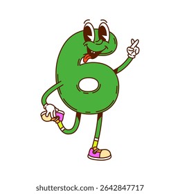 Groovy number 6, cartoon funny math character with happy smile, vector emoji. Groovy number 6 or Six numeral with silly face, tongue out and crossed fingers gesture for kids mathematics character