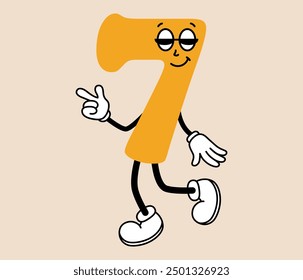 Groovy number 7 cartoon character. Funny retro number seven mascot with face emotion, hands and legs. Fun mathematic sticker. Comic element in trendy retro cartoon style. Vector illustration