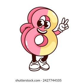 Groovy number 8 cartoon character with peace sign. Funny retro pink and yellow eight number with hippy gesture, arithmetic mascot, cartoon fun education sticker of 70s 80s style vector illustration