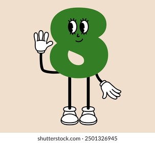Groovy number 8 cartoon character. Funny retro number eight mascot with face emotion, hands and legs. Fun mathematic sticker. Comic element in trendy retro cartoon style. Vector illustration