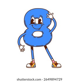 Groovy number 8 or cartoon math character with funny face, vector mathematics emoji. Groovy number 8 or Eight numeral with silly face for kids mathematics or school arithmetic counting character