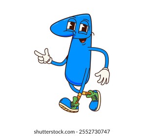 Groovy número uno personaje de matemáticas en dibujos animados retro con cara divertida, emoji de Vector. Groovy número 1 Un numeral con sonrisa feliz funky caminando en zapatos hipster para las matemáticas personaje de dibujos animados retro