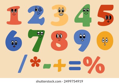 Números groovy personajes de dibujos animados y signos matemáticos establecidos. Divertidos números retro mascotas con emociones de cara. Pegatinas matemáticas divertidas. Elementos cómicos en estilo retro de moda. Ilustración vectorial