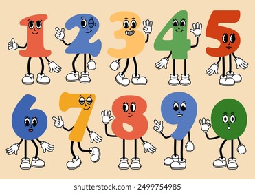 Groovy numbers cartoon characters set. Funny retro numbers mascots with face emotions, hands and legs. Fun mathematics stickers. Comic elements in trendy retro cartoon style. Vector illustration