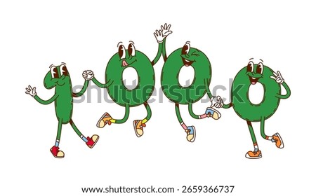 Groovy numbers and cartoon math characters with funny faces, vector mathematics emoji. Groovy number thousand of 1 One with 0 Zero numerals, happy smiling and jumping together with tongues out