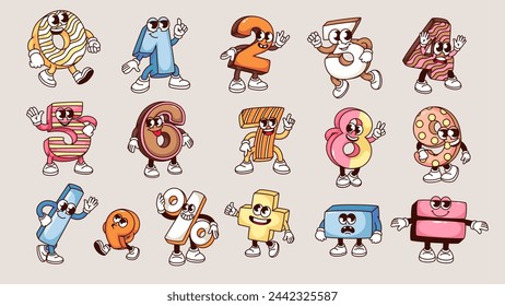 Groovy numbers and math signs cartoon characters set. Funny retro numbers mascots, minus and plus, equal and slash, comma. Cartoon fun mathematics stickers of 70s 80s style vector illustration