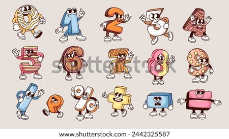 Groovy numbers and math signs cartoon characters set. Funny retro numbers mascots, minus and plus, equal and slash, comma. Cartoon fun mathematics stickers of 70s 80s style vector illustration