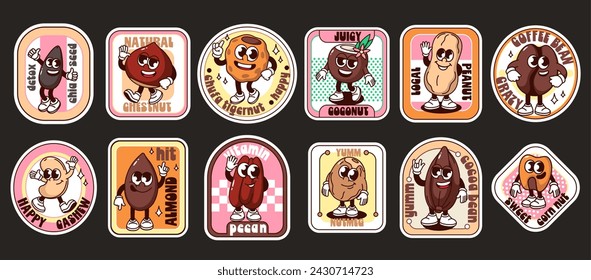 Personajes de nuez y frijol en conjunto de etiquetas de dibujos animados. Afiches retro divertidos con nueces, insignias con elementos de texto, mascotas de café y cacao, pegatinas de dibujos animados de moda de los años 70 80 estilo ilustración vectorial