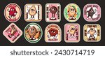 Groovy nut, bean and seed characters on cartoon labels set. Funny retro posters with Brazil, pine or macadamia nuts in shell, soybean mascot, cartoon stickers of 70s 80s style vector illustration