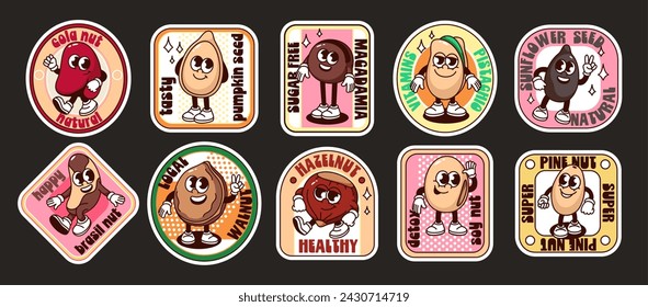 Personajes de nuez, frijol y semilla de Groovy en el conjunto de etiquetas de dibujos animados. Afiches retro divertidos con Brasil, nueces de pino o macadamia en cáscara, mascota de soja, pegatinas de dibujos animados de los años 70 80 estilo ilustración vectorial