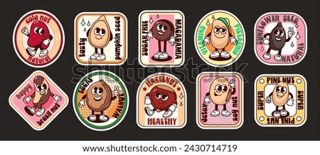 Groovy nut, bean and seed characters on cartoon labels set. Funny retro posters with Brazil, pine or macadamia nuts in shell, soybean mascot, cartoon stickers of 70s 80s style vector illustration