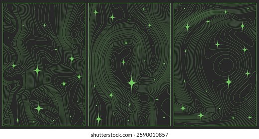 Groovy old vintage backgrounds contain wave lines and sparkle stars in a trendy retro funky Y2K psychedelic style. Dark wallpaper for metaverse or retrofuturism concept. Vector illustration