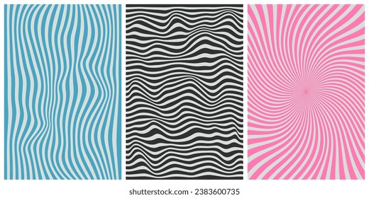 Groovy old vintage hippie backgrounds with waves, swirls, and twirls in a trendy retro psychedelic style. Twisted and distorted vector texture. Fit for banner, cover, or poster design