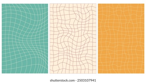 Groovy old vintage hippie mesh, chessboard backgrounds with waves swirl in a trendy retro psychedelic style. Twisted and distorted vector texture. Fit for banner, cover, or poster design