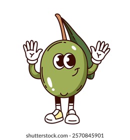 Groovy olive cartoon character with hands up and smile. Funny retro fruit for olive oil, greeting action of comic personage. Food ingredient mascot cartoon sticker of 70s 80s style vector illustration