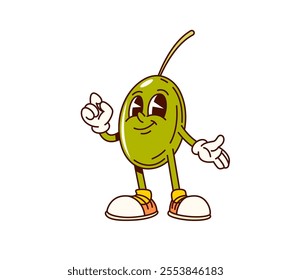 Groovy olive vegetable character in retro cartoon, vector food funny emoji. Groovy green olive with happy smile on face in hipster shoes with cool good vibes emotion for vegetable cartoon character