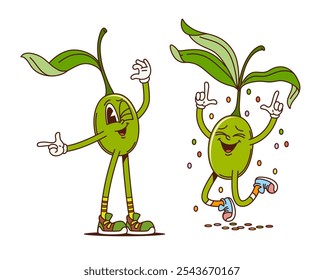 Groovy azeitonas personagens retrô de divertidos vegetais cômicos, ícones de desenhos animados vetoriais. Groovy azeitona amigos com sorriso feliz e piscar na celebração da festa com confete em boas vibrações para emojis de comida