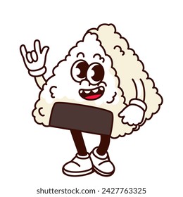 Groovy onigiri cartoon character with rock band gesture. Funny retro rice rocker with nori wrap and funky face, cartoon Japanese food mascot, onigiri sticker of 70s 80s style vector illustration