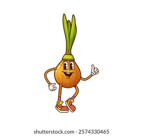 Groovy onion vegetable cartoon character on sport or fitness, vector retro comic. Groovy onion bulb with happy smile and funny face and thumb up gesture in sport shoes on fitness exercise training