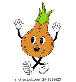 Groovy onion vegetable. Hand draw Funny Retro vintage trendy style vegetable cartoon character. Doodle Comic vector illustration