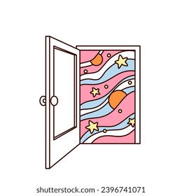 Groovy open door to fantasy world vector illustration. Cartoon isolated retro surreal psychedelic sticker of imagination and trippy freedom tunnel, door portal to space with moon and star inside frame