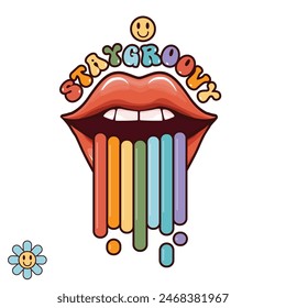 Groovy open mouth with rainbow. Groovy lips spews a rainbow from the mouth pop art style print, label, sticker design template. Woman lips and rainbow. Stay groovy slogan and quote print for t-shirt