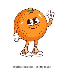 Groovy orange cartoon character greeting with hand up. Funny retro citrus pointing upward and smiling. Fruit mascot, cartoon cute orange for juice sticker of 70s 80s style vector illustration