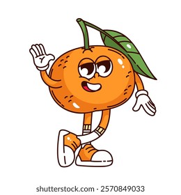 Groovy orange cartoon character waving to say Hello. Funny retro cute tangerine with green leaf standing. Citrus fruit mascot, cartoon funky sweet orange sticker of 70s 80s style vector illustration