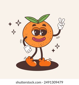 Groovy orange character. Fruit in retro vintage trendy style. Modern illustration with cute comics characters. Funny vector mascot. 60 -70s vibes sticker. 