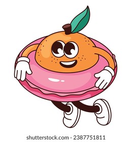 Groovy orange character with rubber ring vector illustration. Cartoon isolated retro comic sticker of happy funny tropical fruit swimming in beach pool, kawaii orange emoticon with arms and legs