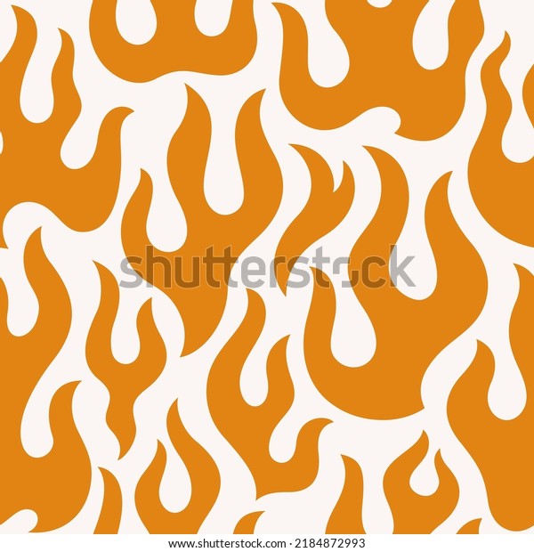Groovy Orange Flame Seamless Pattern. Abstract Fire Vector Background in 1970s Hippie Retro Style for Print on Textile, Web Design. Feature wall wallpaper. 