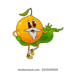 Groovy laranja fruta Halloween personagem assistente. Ripe citrus fruta mage cru fruta tropical feliz 60s 70s personagem vetor, mago laranja doce isolado groovy bonito personagem vestindo capa verde