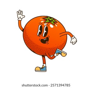 Groovy orange fruit retro cartoon character with happy face, vector comic emoji. Groovy orange fruit with silly smile dancing or running, freaky funky fruit food character and retro cartoon personage