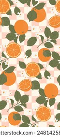 Groovy orange fruits seamless pattern. Cute oranges and leaves on pink checkered background. Vector illustration.